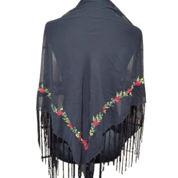 No Brand Accessories - Vintage Women's Rose Embroidered Scarf / Shawl - Made in Italy - Black Sheer